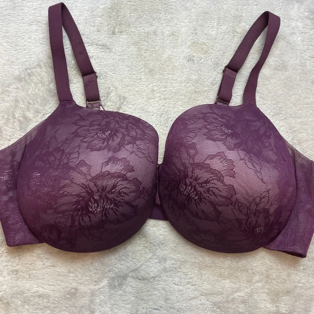 Cacique Side Smoothing Balconette Bra Size 42DDD Purple Lace Underwire Floral